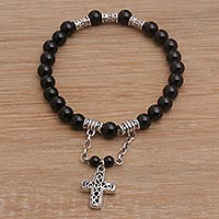 Onyx beaded stretch charm bracelet, 'Shadow Cross' - Onyx Beaded Stretch Bracelet with Sterling Silver Cross