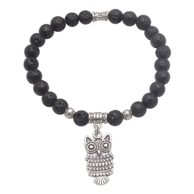 Lava Stone Beaded Stretch Bracelet with Sterling Silver Owl