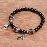 Onyx and tiger's eye beaded stretch charm bracelet, 'Midnight Orchard' - Onyx and Tiger's Eye Beaded Stretch Bracelet with Leaves