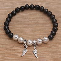 Onyx beaded stretch charm bracelet, 'Twilight Flight' - Onyx Beaded Stretch Bracelet with Sterling Silver Wings