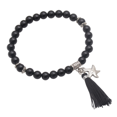 Onyx Beaded Stretch Bracelet with Sterling Silver Starfish