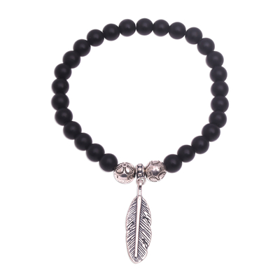 Onyx Beaded Stretch Bracelet with Sterling Silver Feather