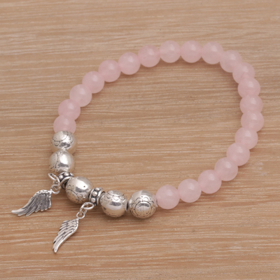 Rose quartz beaded stretch charm bracelet, 'Dawn Flight' - Rose Quartz Beaded Stretch Bracelet Sterling Silver Wings