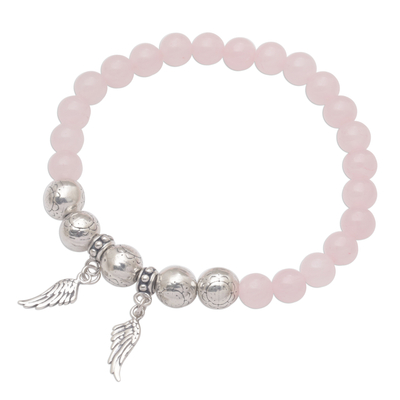 Rose quartz beaded stretch charm bracelet, 'Dawn Flight' - Rose Quartz Beaded Stretch Bracelet Sterling Silver Wings