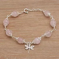 Rose quartz beaded charm bracelet, 'Moonlight Dragonfly in Rose' - Rose Quartz Bead Charm Bracelet Sterling Silver Dragonfly