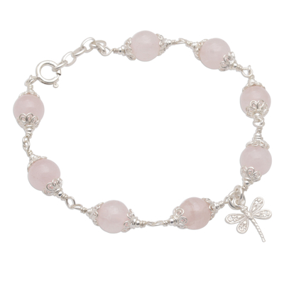 Charm-Armband aus Rosenquarzperlen - Charm-Armband aus Sterlingsilber mit Rosenquarzperlen, Libelle