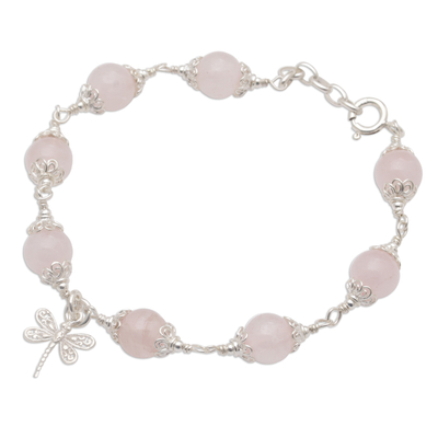 Rose quartz beaded charm bracelet, 'Moonlight Dragonfly in Rose' - Rose Quartz Bead Charm Bracelet Sterling Silver Dragonfly