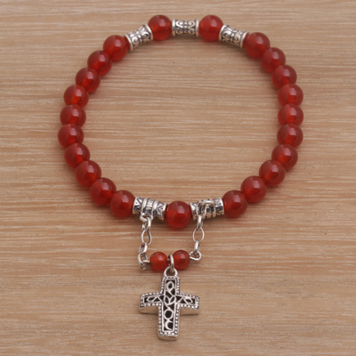 Carnelian beaded stretch charm bracelet, Sunset Cross