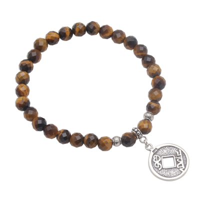 Tiger's eye beaded stretch charm bracelet, 'Ancient Luck in Brown' - Tiger's Eye Beaded Stretch Bracelet with Pis Bolong Coin