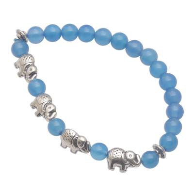 Agate beaded stretch bracelet, 'Elephant Cavalcade in Blue' - Balinese Agate and Sterling Silver Beaded Stretch Bracelet