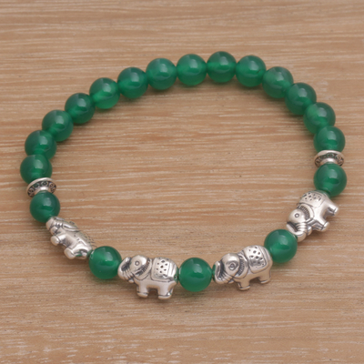 Quartz beaded stretch bracelet, Elephant Cavalcade in Green