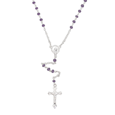 Amethyst rosary, 'Solemn Prayer' - Hand Crafted Amethyst and Sterling Silver Rosary Y-Necklace