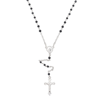 Onyx rosary, 'Solemn Prayer' - Handmade Black Onyx and Sterling Silver Rosary Y-Necklace