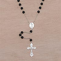 Onyx rosary, 'Blessed Mary' - Handmade Black Onyx and Sterling Silver Rosary Y-Necklace