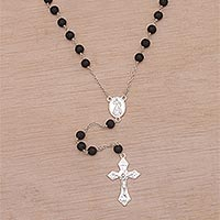 Lava stone rosary, 'Blessed Mary' - Handmade Lava Stone and Sterling Silver Rosary Y-Necklace