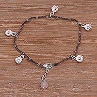 Rose quartz cord charm bracelet, 'Alluring Lotus in Brown' - Handmade 925 Sterling Silver Brown Floral Charm Bracelet
