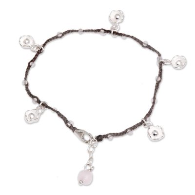 Rose quartz cord charm bracelet, 'Alluring Lotus in Brown' - Handmade 925 Sterling Silver Brown Floral Charm Bracelet