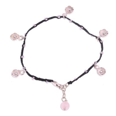 Rose quartz cord charm bracelet, 'Alluring Lotus in Black' - Handmade 925 Sterling Silver Black Floral Charm Bracelet