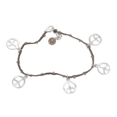 Smoky quartz braided charm bracelet, 'Time for Peace' - Handmade Smoky Quartz 925 Sterling Silver Charm Bracelet