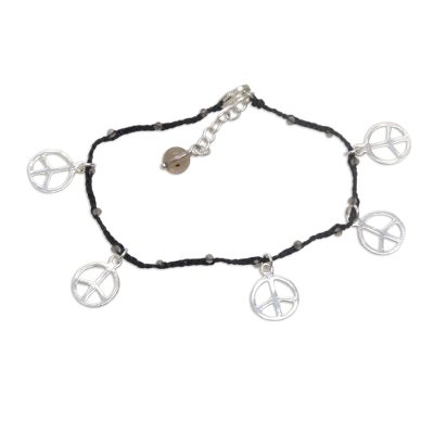 Smoky quartz braided cord charm bracelet, 'Midnight Time for Peace' - Handmade Smoky Quartz Sterling Silver Black Cord Bracelet