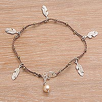 Cultured pearl charm bracelet, 'Feathered Bliss in Brown' - Handmade 925 Sterling Silver Cultured Pearl Charm Bracelet