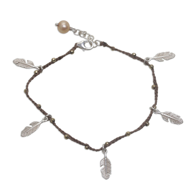 Cultured pearl charm bracelet, 'Feathered Bliss in Brown' - Handmade 925 Sterling Silver Cultured Pearl Charm Bracelet