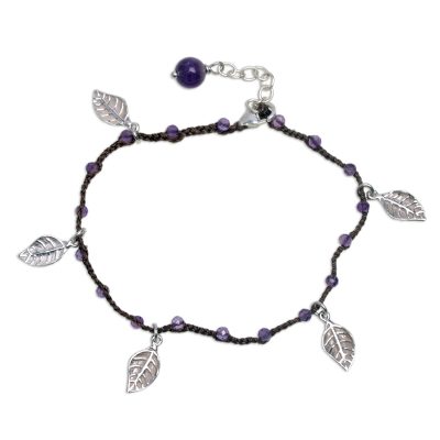 Amethyst cord charm bracelet, 'Dangling Leaves in Brown' - Handmade Amethyst and Leaf Charm Brown Cord Bracelet