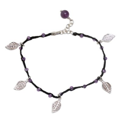 Amethyst cord charm bracelet, 'Dangling Leaves in Black' - Handmade Amethyst and Leaf Charm Black Cord Bracelet