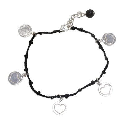 Onyx cord charm bracelet, 'Deep Love in Black' - Handmade Onyx Black Cord Heart Shaped Charm Bracelet