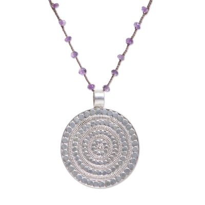 Amethyst pendant necklace, 'Shining Shield' - Handmade 925 Sterling Silver Amethyst Cord Pendant Necklace