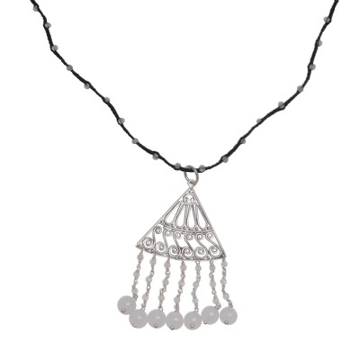 Rainbow moonstone and moonstone pendant necklace, 'Rise and Fall in Black' - Rainbow Moonstone and Moonstone Black Cord Pendant Necklace