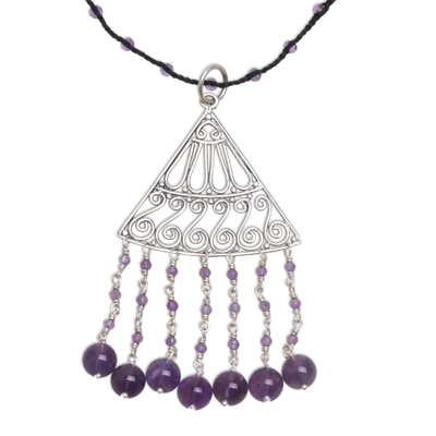 Amethyst pendant necklace, 'Rise and Fall in Black' - Amethyst and Black Cord Pendant Necklace Handmade in Bali