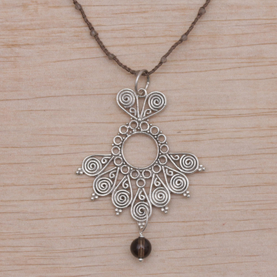 Smoky quartz pendant necklace, 'Serenity Swirls in Brown' - Balinese Smoky Quartz and Brown Cord Pendant Necklace