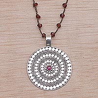 Garnet and rhodolite pendant cord necklace, 'Shining Shield'