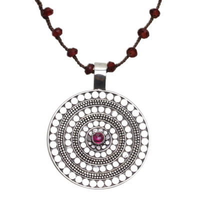 Garnet and rhodolite pendant cord necklace, 'Shining Shield' - Handmade 925 Sterling Silver Rhodolite Cord Pendant Necklace