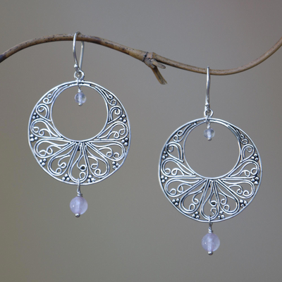 Rose quartz dangle earrings, 'Ballroom Dance' - Handmade 925 Sterling Silver Rose Quartz Dangle Earrings