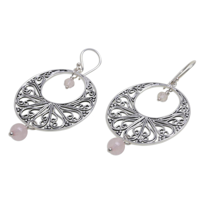 Rose quartz dangle earrings, 'Ballroom Dance' - Handmade 925 Sterling Silver Rose Quartz Dangle Earrings