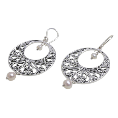 Cultured pearl dangle earrings, 'Ballroom Dance' - Handmade 925 Silver Cultured Pearl Balinese Dangle Earrings