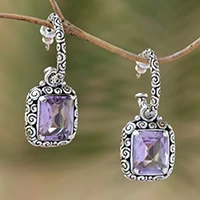 Amethyst half-hoop earrings, 'Enthralling Swirls'