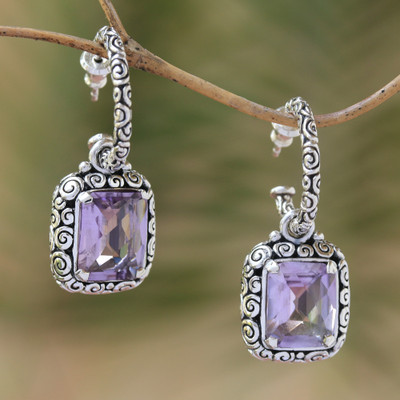 Amethyst half-hoop earrings, 'Enthralling Swirls' - Hand Crafted Amethyst and Sterling Silver Half Hoop Earrings