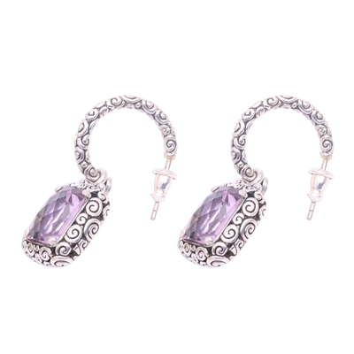 Amethyst half-hoop earrings, 'Enthralling Swirls' - Hand Crafted Amethyst and Sterling Silver Half Hoop Earrings