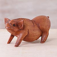 Wood statuette, 'Standing Ground' - Hand Carved Suar Wood Determined Pig Statuette