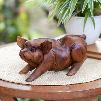 estatuilla de madera - Estatuilla de cerdo tallada a mano en madera de suar