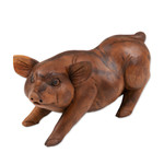 Wood statuette, 'Standing Ground' - Hand Carved Suar Wood Determined Pig Statuette