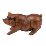 Wood statuette, 'Standing Ground' - Hand Carved Suar Wood Determined Pig Statuette