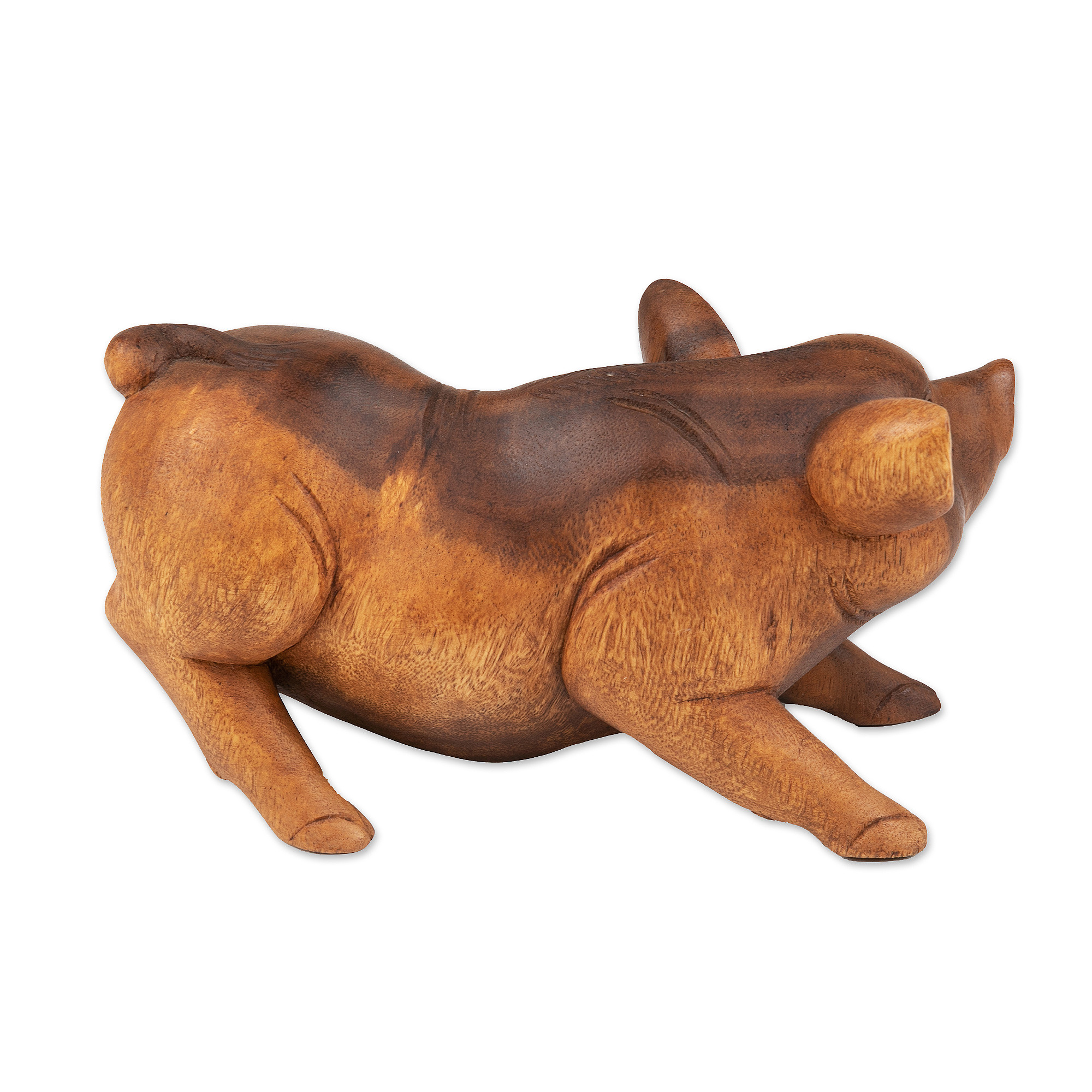 Hand Carved Suar Wood Determined Pig Statuette Standing Ground NOVICA