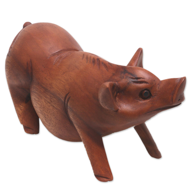 Holzstatuette - Handgeschnitzte Schweinestatuette aus Suarholz