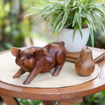 Wood statuette, 'Standing Ground' - Hand Carved Suar Wood Determined Pig Statuette