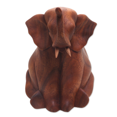 Wood sculpture, 'Elephant Child' - Hand Carved Suar Wood Baby Elephant Sculpture