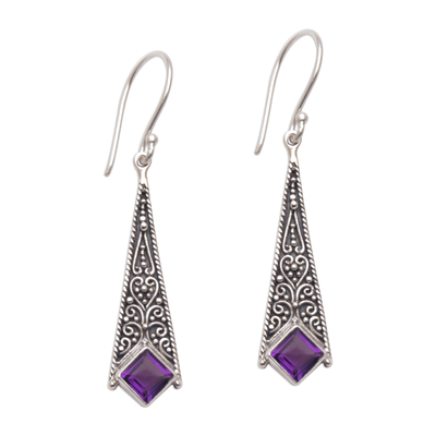 Kite Shaped Amethyst and Sterling Silver Dangle Earrings